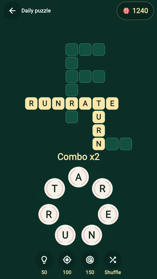 The daily puzzle with RUNRATE and TURN already found in the grid.